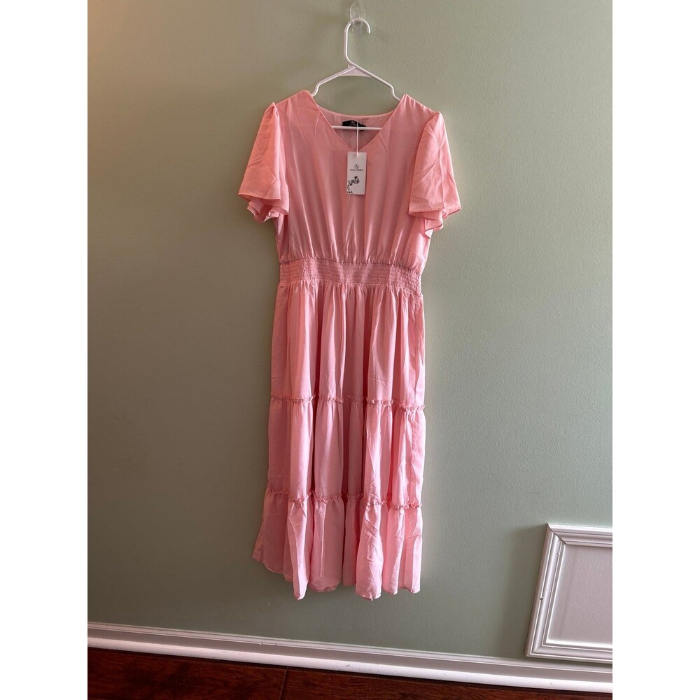Amazon Pink Maxi Dress Tiered Short Sleeve